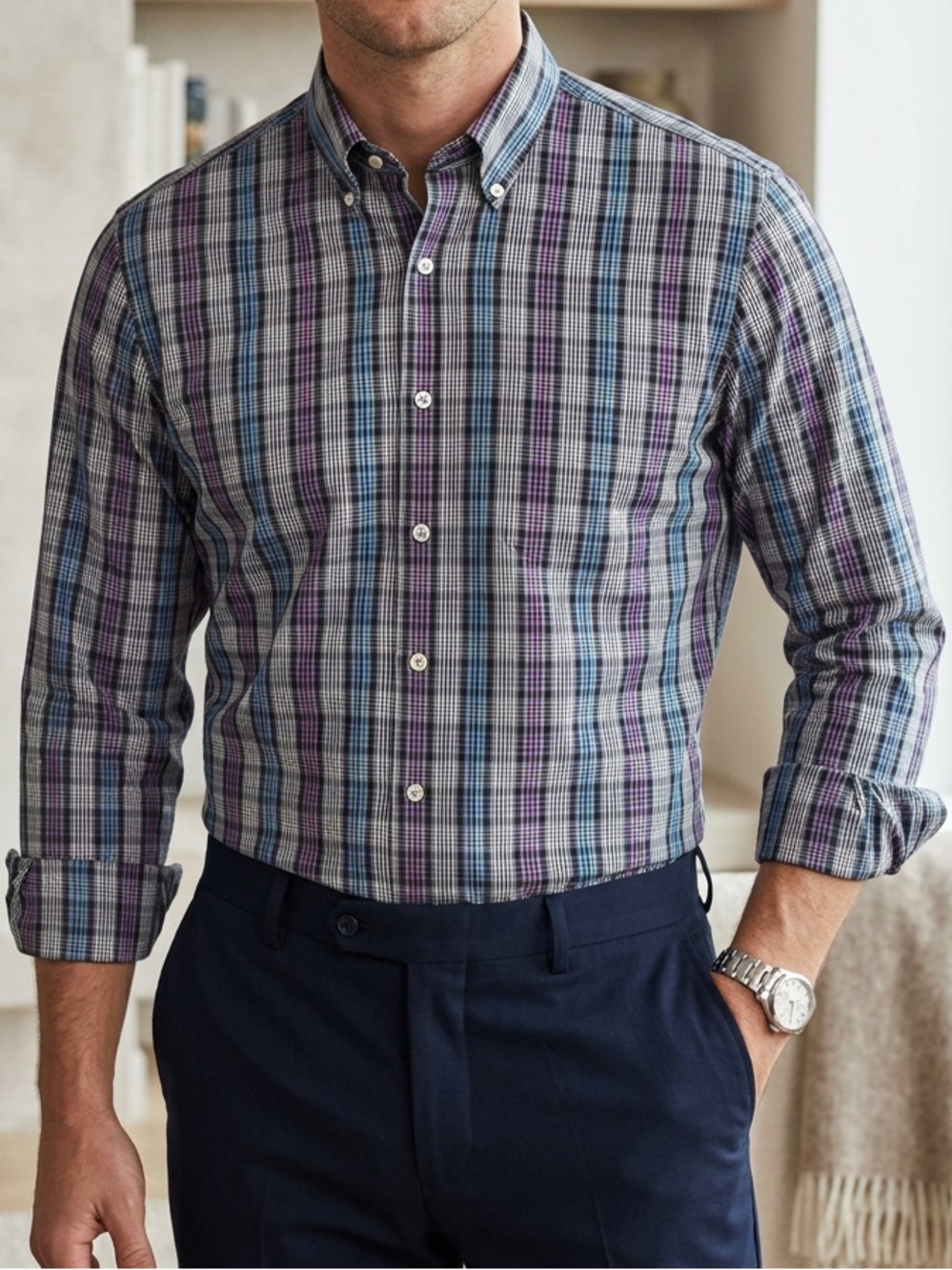 Peter Millar Plaid Button-Down Shirt in Blue and Purple